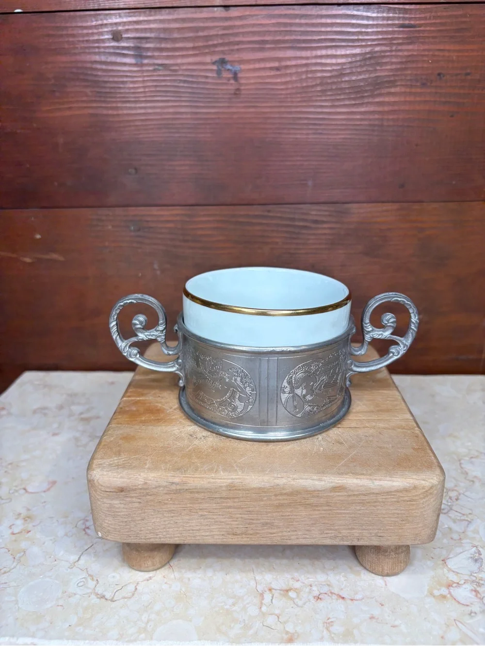 Vintage Fine Pewter Double Handle Sugar Bowl with Porcelain Insert Czech German